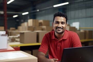 Indian man in red shirt in delivery service warehouse, looking at camera, sitting at office desk with laptop. Using a laptop while working. Generative ai.