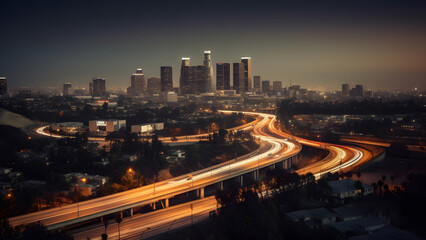 Obraz na płótnie Canvas night cityscape skyline view of downtown Los Angeles style western city, neural network generated photorealistic image