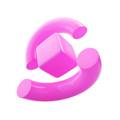 Abstract geometrical bolded shapes two pink bended cylindres with cube isolated on background