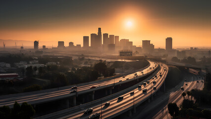 Obraz na płótnie Canvas sunrise cityscape skyline view of downtown Los Angeles style western city, neural network generated photorealistic image