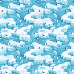 A graphic pattern of penguins on melting ice, illustrating global warming's impact. An urgent visual message about the fragility of polar ecosystems and the climate crisis.