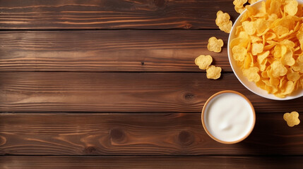 Fototapeta na wymiar a cup of milk and a plate of corn flakes on a wooden old table top view. Generative Ai.