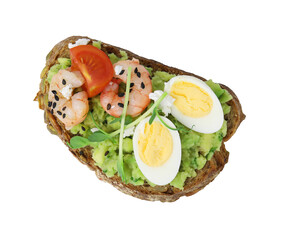 Delicious sandwich with guacamole, shrimps and eggs on white background, top view