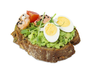 Delicious sandwich with guacamole, shrimps and eggs on white background