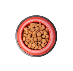 Dry pet food in feeding bowl isolated on white, top view