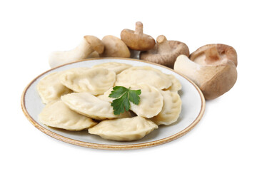 Delicious dumplings (varenyky) with mushrooms and parsley isolated on white