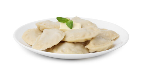 Fototapeta na wymiar Delicious dumplings (varenyky) with tasty filling and butter isolated on white