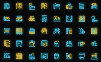 Equipment for paper production icons set outline vector. Factory roll. Wood process neon color on black