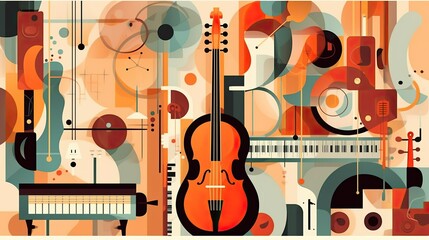 Abstract Music background with musical instruments. Vector illustration in flat design style. Music concept. Ai generative