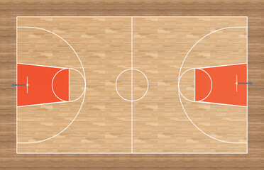 basketball court yard. basketball court with wooden parquet flooring and markings lines. Outline basketball playground top view. Sports ground for active recreation.