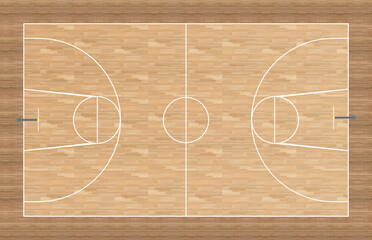 basketball court with wooden parquet flooring and markings lines. Outline basketball playground top view. Sports ground for active recreation.