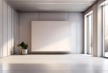 Perspective view of blank light wall with place for poster or banner in a beautiful and awesome office corridor interior. 3D Rendering mockup. Created with generative Ai.