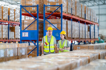 Storehouse workers are checking stock and inventory in retail warehouse. Business factory industry concept.