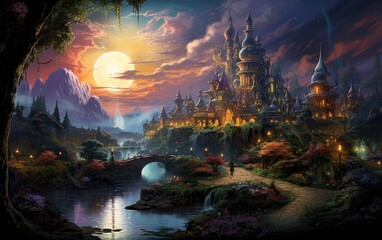 The city castle at night with full moon.