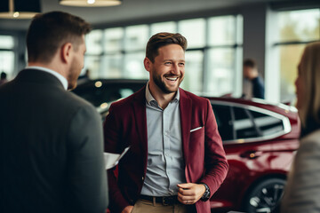 Couple discussing purchase of car at car dealer