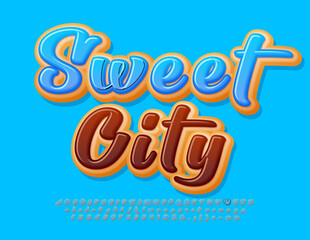 Vector delicious template Sweet City. Blue glazed set of cursive Alphabet Letters and Numbers. Cake style Font
