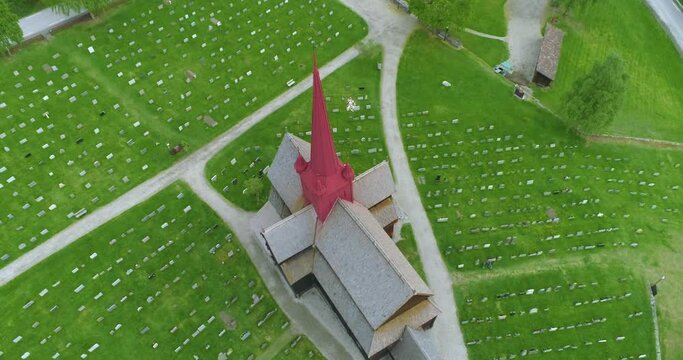 Top Down Aerial Drone View of Stave Church in Norway (Ringebu Stavkirke)