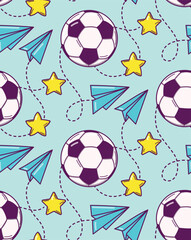 Seamless pattern with cartoon soccer balls in doodle style on a blue background