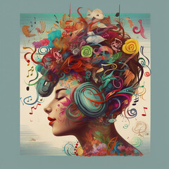 Portrait of beautiful woman in headphones and notes. Concept on theme of love for music..