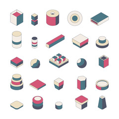 Vector set of 3d and flat geometric shapes. Isometric contour illustration.  Collection of objects, element for web. Clipart for advertising, flyer, commercial 
banner, billboard, poster, graphic icon