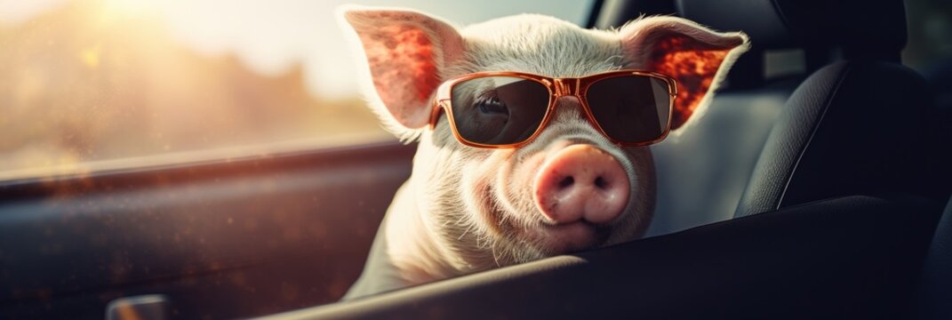 Happy pig in sunglasses in the car. Generative AI