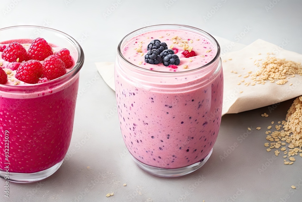 Poster raspberry smoothie or milkshake with berries. ai generative