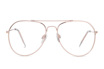 Stylish glasses with metal frame isolated on white