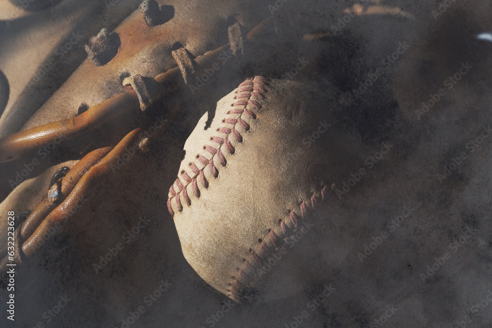 Poster old used texture of baseball ball in dark vintage style sports background. - Posters
