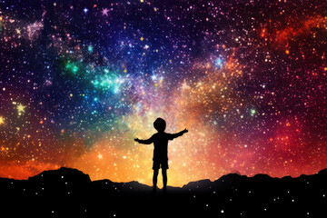 Silhouette of Child Boy Raising Hands Against  Starry Night Universe