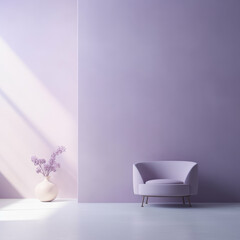 Fototapeta na wymiar Minimalistic home interior in lavander color. Empty wall and sofa, mock up, design. AI generative, illustration.