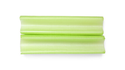Fresh green cut celery isolated on white, top view