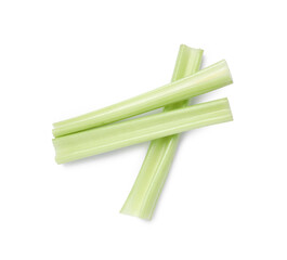 Fresh cut celery stalks isolated on white, top view