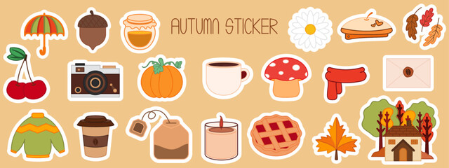 Set of autumn icons set. Cutie autumn sticker collection.