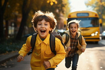 Funny happy Caucasian boys students kids running near yellow bus going back to school. Education and back to school concept. Children friends pupils ready to learn and study - obrazy, fototapety, plakaty