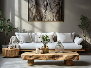 Rustic interior design of a modern Scandinavian living room, with an author's wooden coffee table. Generative AI