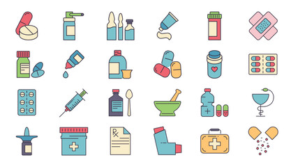 Drugs Related Vector Icons set. Drugs signs. Contains such Icons as Pills, Spray, Syringe, First Aid, Gel, Recipe, Syrup, Pills Tube, Tooth Paste, Capsule, Vitamin, Inhaler, Eye Drops