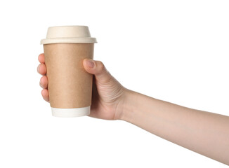 Woman holding paper cup of tasty drink on white background. Coffee to go