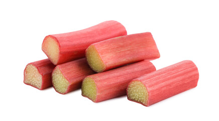 Stalks of fresh ripe rhubarb isolated on white