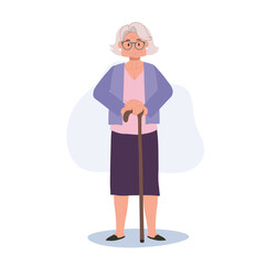  Smiling Elderly Lady with Cane stick. Elderly Smiling Woman, Grandmother Lifestyle. Flat vector cartoon illustration