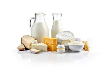 Dairy products on white background. Milk, cheese, sour cream, cottage cheese. Generative AI