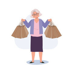 Happy Granny Holding Shopping Bags. Elderly Woman Enjoying Shopping with Shopping Bags.  Senior Lifestyle and Retail Therapy