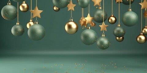 Green christmas composition. Christmas banner with red and gold balls on background. Copy space. Xmas greeting card. Close up. Happy New Year