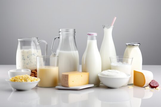 Milk products on white table on grey background. Dairy products. Generative AI