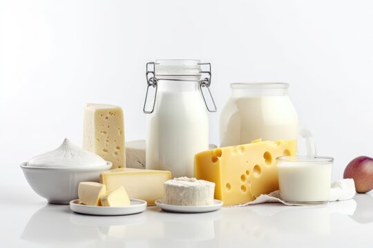 Assortment of dairy products on white background. Selective focus. Generative AI
