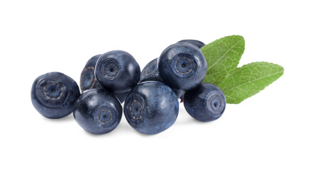 Tasty ripe bilberries and green leaves isolated on white