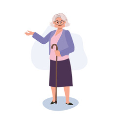 Experienced Senior Advising. Senior Woman with cane stick is introducing , giving suggestion. Flat vector cartoon illustration