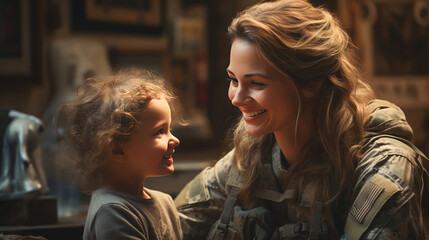 Excited military mom reuniting with her kid at home - obrazy, fototapety, plakaty