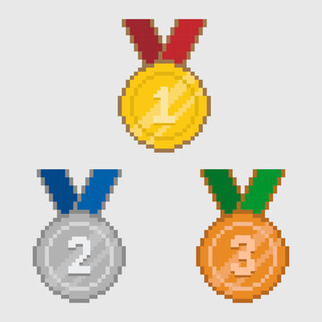 Pixel Art Sports Medals Golden Silver Bronze Medal 8bit Style