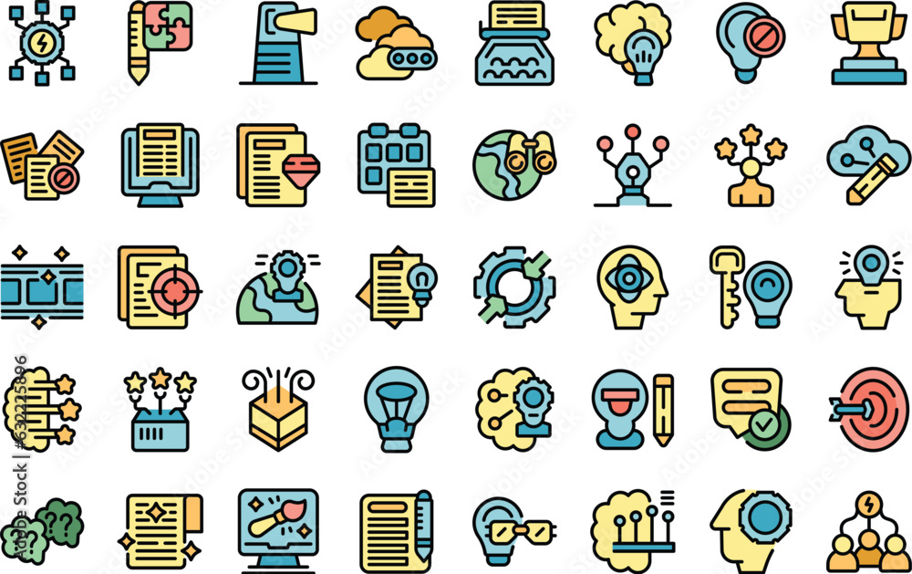 Poster creative thinking icons set outline vector. idea solution. bulb creative thin line color flat on whi