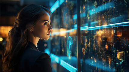 Businesswoman looking at futuristic interface screen for analysis data